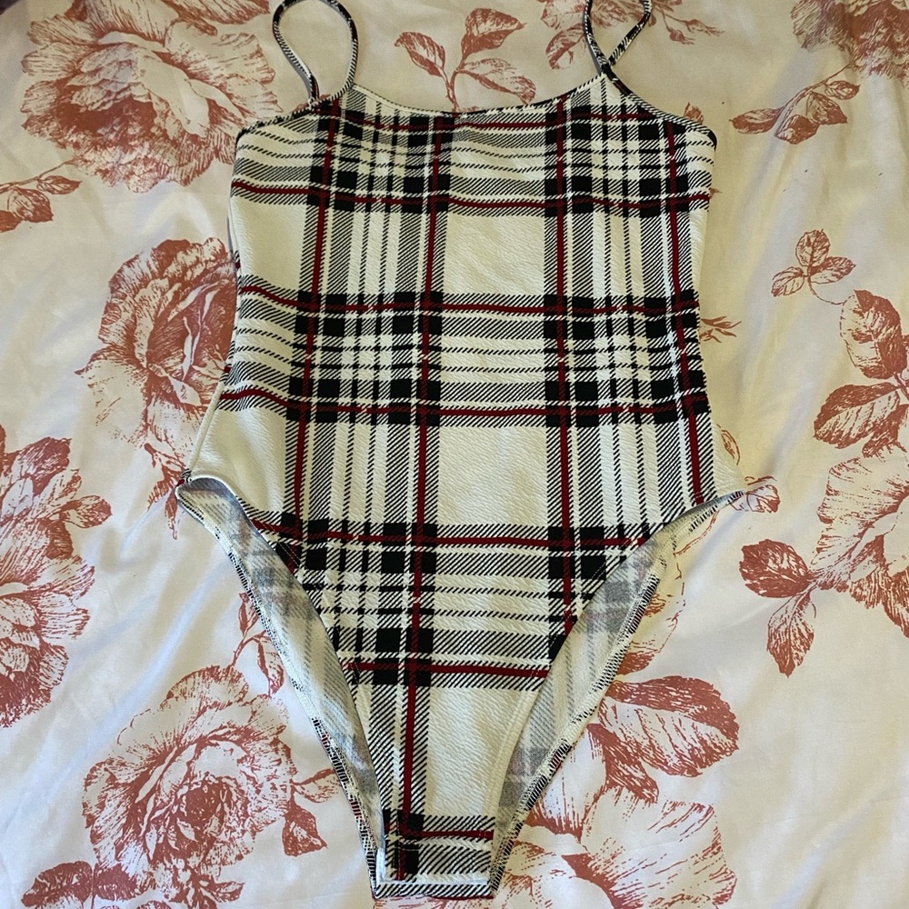White red and black plaid bodysuit